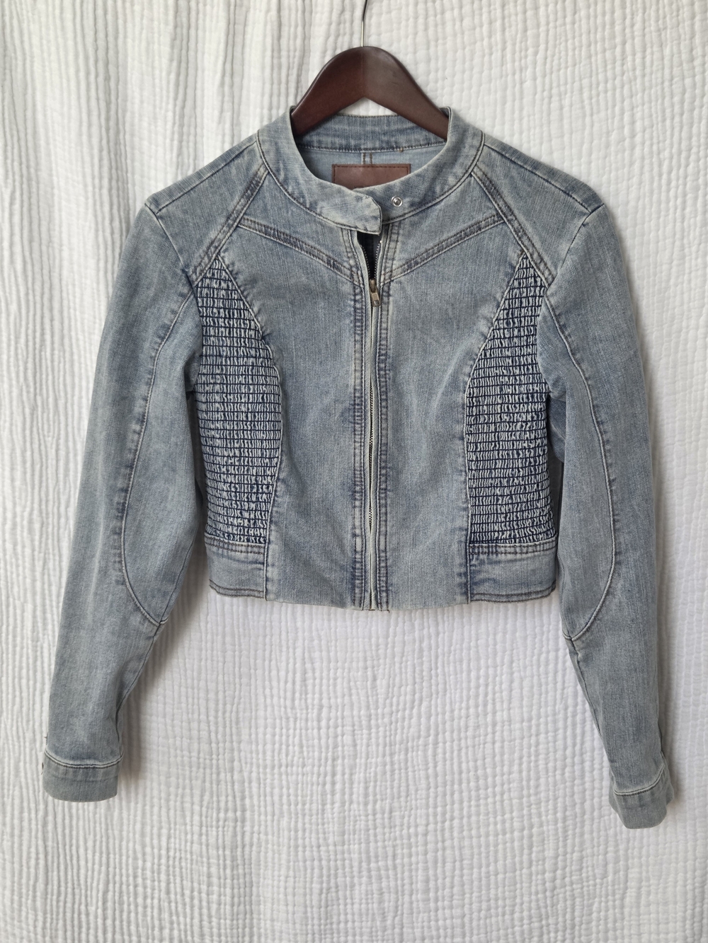 Cropped Light Blue Denim Moto Jacket with Panel Stitching